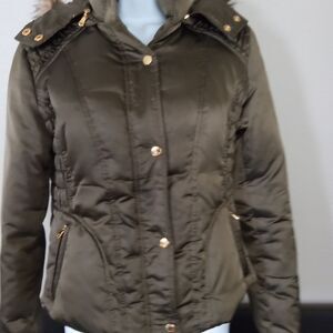Guess Olive Puffer Jacket with Faux Fur Trim